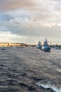 SAINT-PETERSBURG, RUSSIA - JULY, 2021: Sentry ship of 2nd rank Stoykiy at the University embankment. Navy Day in St