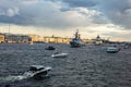 SAINT-PETERSBURG, RUSSIA - JULY, 2021: Sentry ship of 2nd rank Stoykiy at the University embankment. Navy Day in St