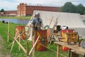 Saint Petersburg, Russia - July 09, 2017: A soldier from the Roman Legion on duty during the reenactors festival Royalty Free Stock Photo