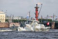 Sowing-boat of the `Grachonok` type takes part in the military parade in honor of Navy Day, Sankt Petersburg Royalty Free Stock Photo