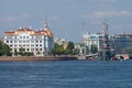 View of the cruiser Aurora and the building of the Nakhimov cadet school. Saint Petersburg