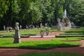 View of the Summer Garden park opened after the Covid-19 pandemic in the city center, the main fountain with many sculptures, visi