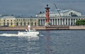 SAINT-PETERSBURG, RUSSIA - JULY 20, 2017: White boat commander of the parade. The Naval Parade in St. Petersburg