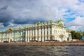 Winter Palace Hermitage. Palace embankment. Sun and Dark thundercloud over Hermitage.