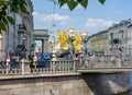 Saint Petersburg, Russia - June 2021: Bank bridge with golden-winged griffons over Griboyedov canal