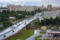 City junction right after the rain. Crossing the paths of transport.