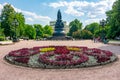 Saint Petersburg, Russia - June 2021: Catherine the Great monument with Alexandrinsky theater at background