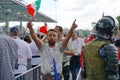 SAINT-PETERSBURG, RUSSIA - JUNE 15, 2018: Iranian football fan is waiting in line for a match Morocco - Iran at the FIFA World Cup Royalty Free Stock Photo