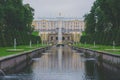 Saint Petersburg, Russia - June , 2016- Peterhof. Peterhof Palace and fountain of the cascade and Samson tearing jaws of a lion Bi Royalty Free Stock Photo