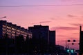 Saint Petersburg, Russia-June 2019: sunset in the reflections of city Windows, traffic moving along the roads in the summer at Royalty Free Stock Photo