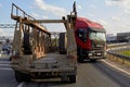 Saint Petersburg, Russia-June 08, 2019: a truck spun on the ring road due to a burst wheel, a large traffic jam accumulated