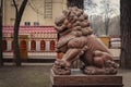 Lions guardians Chi Tza at the entrance to Datsan Gunzechoinei. Royalty Free Stock Photo