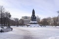 Catherine\'s II monument and Alexandrinsky Theatre in Ostrovskogo square, the center of St Petersburg. Sunny winter view.