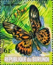 Saint Petersburg, Russia - March 15, 2020: Postage stamp issued in the Burundi with the image of the butterfly Drurya antimachus,