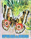 Saint Petersburg, Russia - March 15, 2020: Postage stamp issued in the Burundi with the image of the butterfly Nudaurelia