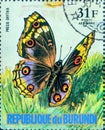 Saint Petersburg, Russia - March 15, 2020: Postage stamp issued in the Burundi with the image of the butterfly Precis orythia,