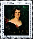 Saint Petersburg, Russia - March 06, 2020: Postage stamp issued in the Cuba with the image of the Mrs. Edward Foster, painting by