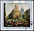 Saint Petersburg, Russia - March 06, 2020: Postage stamp issued in the Cuba with the image of the Puerta del Sol, Madrid, painting