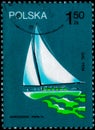 Saint Petersburg, Russia - March 06, 2020: Postage stamp issued in the Poland with the image of the Sailboat Dal, 1934, circa 1974