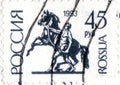 Saint Petersburg, Russia - March 15, 2020: Stamp issued in the Russian Federation with the image of the Statue of a horse tamer,