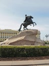 Saint-Petersburg, RUSSIA - May 1, 2019: Close view of Bronze horseman monument against blue sky.