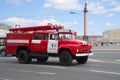 Fire truck tanker based on ZIL-130 takes part in the annual retro transport parade