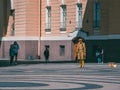 Saint-Petersburg. Russia. May, 2020. Golden painted artist on a city stre.et, living statues is the entertainment for passerby