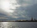 Saint-Petersburg, RUSSIA Ã¢â¬â May 1, 2019: Landscape at stormy day. Neva river. View on the Kunstkamera. White Nights. Royalty Free Stock Photo