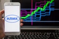 SAINT PETERSBURG, RUSSIA - MAY 14, 2019: logo of the Russian company nlmk on the background of stock charts