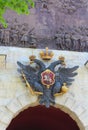 Saint Petersburg, Russia: May 22, 2016 - Peter Gate of Peter and Paul Fortress. Coat of arms of Russian Empire with two headed Royalty Free Stock Photo
