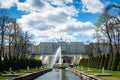 Peterhof fountains and palace view and tourists in Saint Petersburg Royalty Free Stock Photo