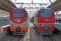 Two electric locomotives arrived at Moscow station in Saint Pete Royalty Free Stock Photo