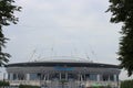 SAINT-PETERSBURG . RUSSIA A modern flying saucer-like stadium that hosted the FIFA World Cup against a gray, cloudy