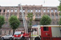 Saint Petersburg, Russia, on the morning of September 13, 2017. Firefighters extinguish a large fire on the roof of a