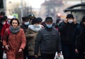 COVID-19 pandemic in Russia. A crowd of people with and without mask