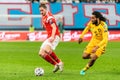 Russia national football team striker Aleksei Miranchuk against Belgium centre-back Jason Denayer during UEFA Euro 2020