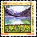 Saint Petersburg, Russia - November 12, 2020: Postage stamp issued in the Pakistan with the image of the Saif-ul- Malook Lake.