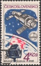 Saint Petersburg, Russia - November 17, 2019: Postage stamp printed in Czechoslovakia with the image of a camera filming the earth