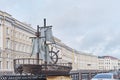 Model of antique wooden sailing ship over background of buildings on street of St.Petersburg,Russia Royalty Free Stock Photo