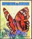 Saint Petersburg, Russia - November 12, 2020: Stamp issued in the Burundi with the image of the butterfly Precis octavia. From the
