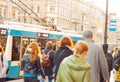 Saint Petersburg, Russia October 4, 2021, A crowd of people in the city walks to a public transport stop during the coronavirus Royalty Free Stock Photo