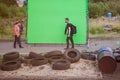 SAINT PETERSBURG, RUSSIA - OCTOBER 31, 2018: Film Crew On Location. Chromakey on the set.