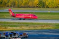 Rossiya airlines company airplane preparing for take-off at Pulkovo airport runway