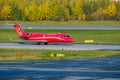 Rossiya airlines company airplane preparing for take-off at Pulkovo airport runway