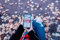 Saint-Petersburg-Russia -October-17-2018 :Woman hand using Samsung note 8 with Instagram application menu on smartphone screen, Royalty Free Stock Photo