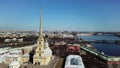 Saint Petersburg, Russia, panoramic aerial view of Petropavlovskaya Fortress and Neva river. Stock footage. Vasilyevsky