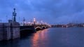 Saint-Petersburg. Russia. Petersburg evening. Trinity Bridge with evening lights is reflected in the Neva River. Royalty Free Stock Photo