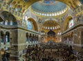 Interior of the Naval Cathedral of Saint Nicholas in Kronstadt, near Saint-Petersburg, Russia. Religious paintings, icons and rich Royalty Free Stock Photo