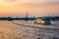 Tourist boat on the river. Evening navigation on the Neva River, in St. Petersburg