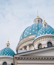 Trinity Cathedral with blue domes. Architect Vasily Stasov. Close-up on blue domes decorated with stars.